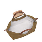 Lieblingstasche Longchamp Le Pliage large travel bag in khaki nylon with brown leather handles and interior view