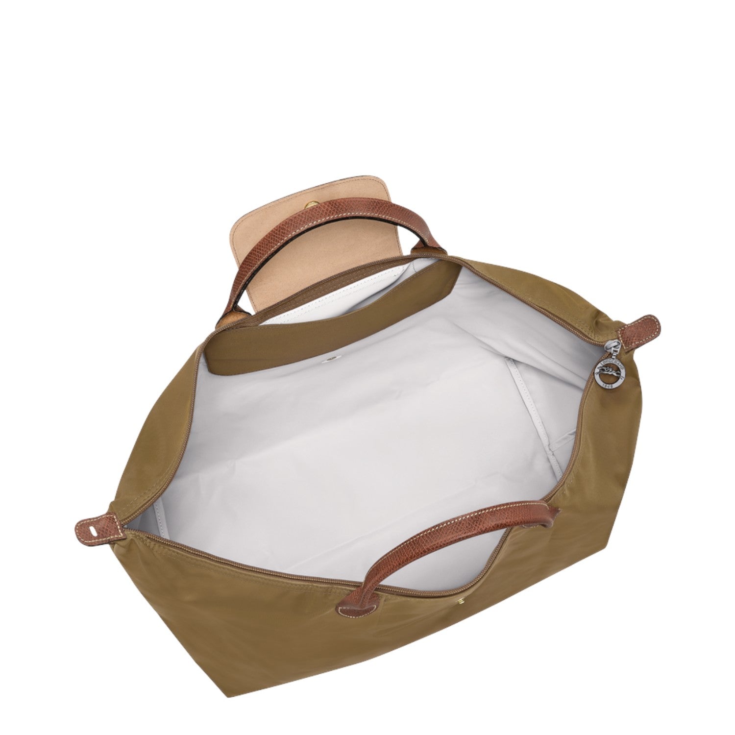 Lieblingstasche Longchamp Le Pliage large travel bag in khaki nylon with brown leather handles and interior view