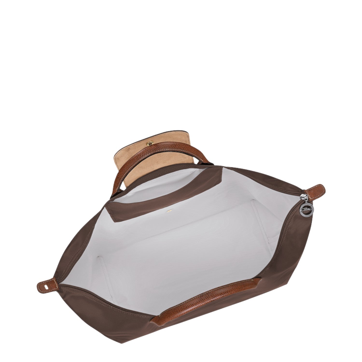 Lieblingstasche Longchamp Le Pliage travel bag in brown nylon with leather handles and spacious white interior
