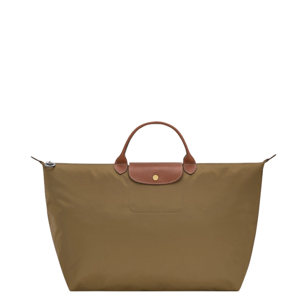 Lieblingstasche Longchamp Le Pliage large travel bag in khaki nylon with brown leather handles and flap