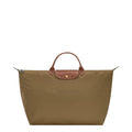 Lieblingstasche Longchamp Le Pliage large travel bag in khaki nylon with brown leather handles and flap