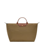 Lieblingstasche Longchamp Le Pliage large travel bag in khaki nylon with brown leather handles and flap