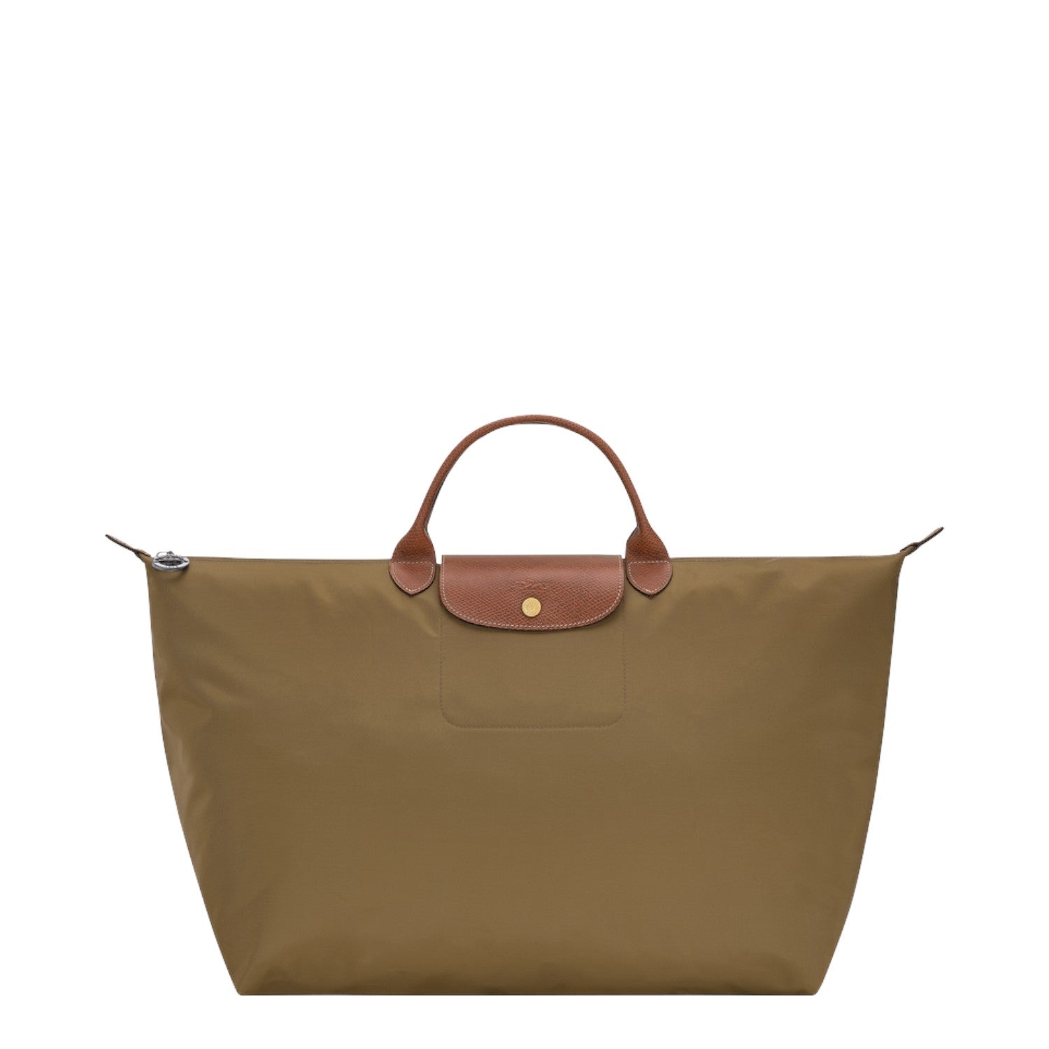 Lieblingstasche Longchamp Le Pliage large travel bag in khaki nylon with brown leather handles and flap