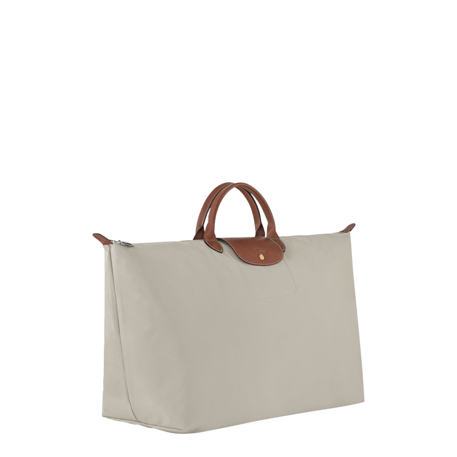 Lieblingstasche Longchamp Le Pliage XL travel bag in beige nylon with brown leather handles and gold-tone hardware.