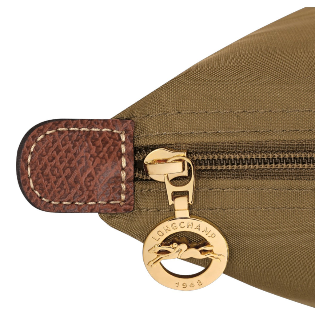 Lieblingstasche Longchamp Le Pliage handbag in olive green nylon with brown leather trim and gold logo zipper pull