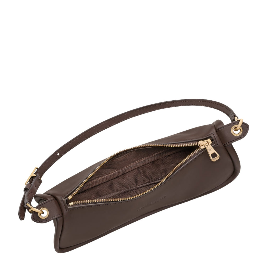Lieblingstasche Looong Schultertasche S in dark brown leather with gold-tone hardware and a top zipper closure.