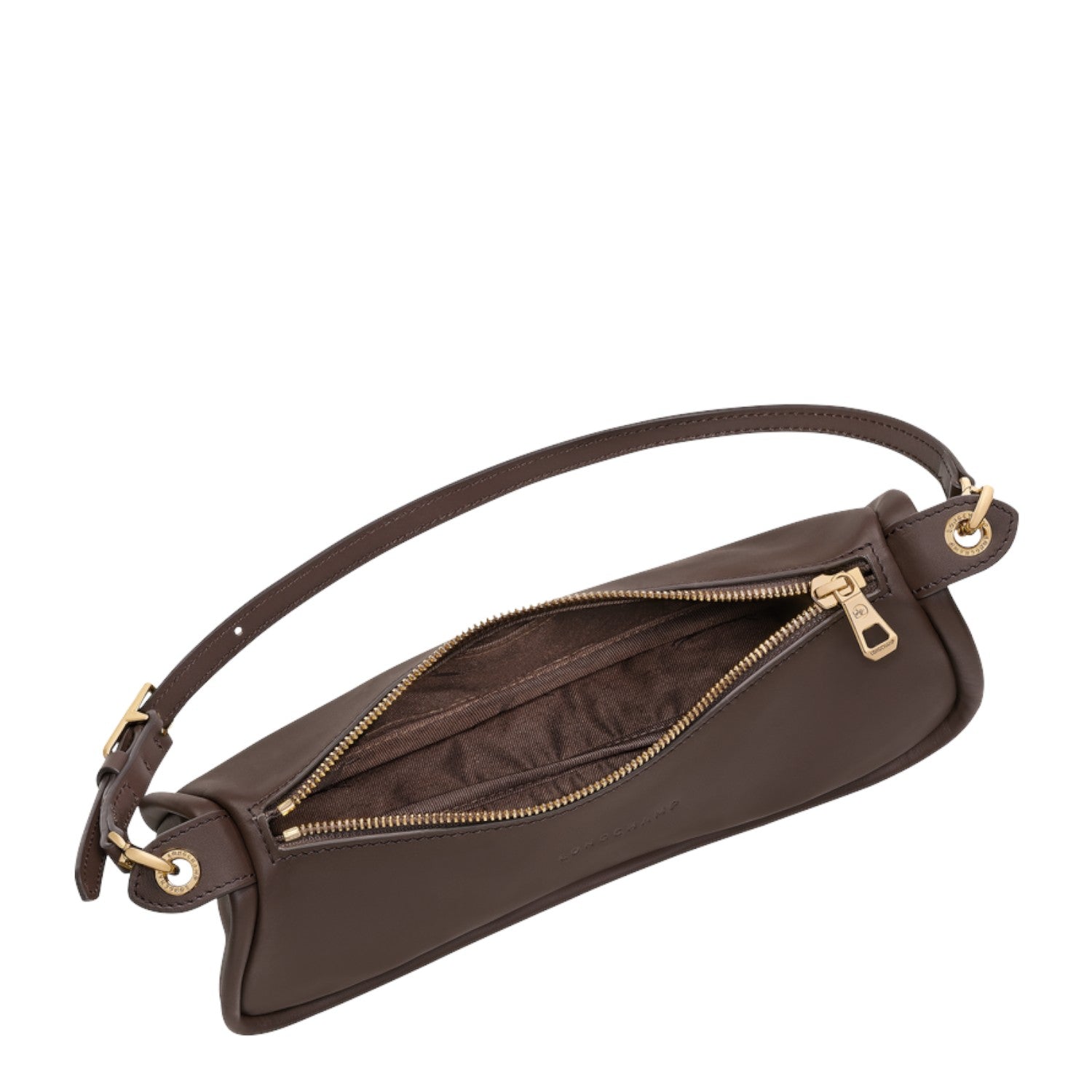 Lieblingstasche Looong Schultertasche S in dark brown leather with gold-tone hardware and a top zipper closure.
