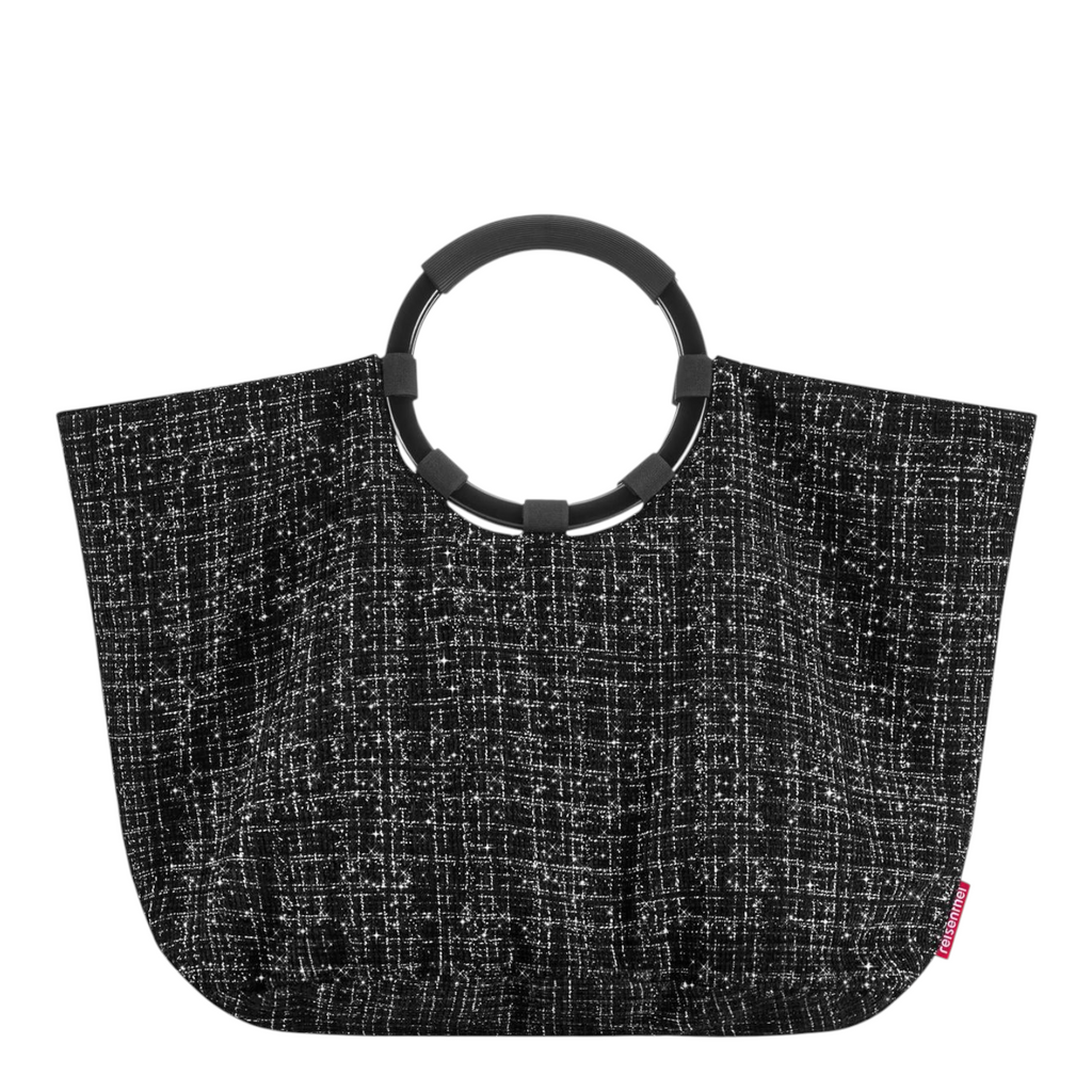 Lieblingstasche Loopbag Hobo in black and white textured fabric with round black ring handles