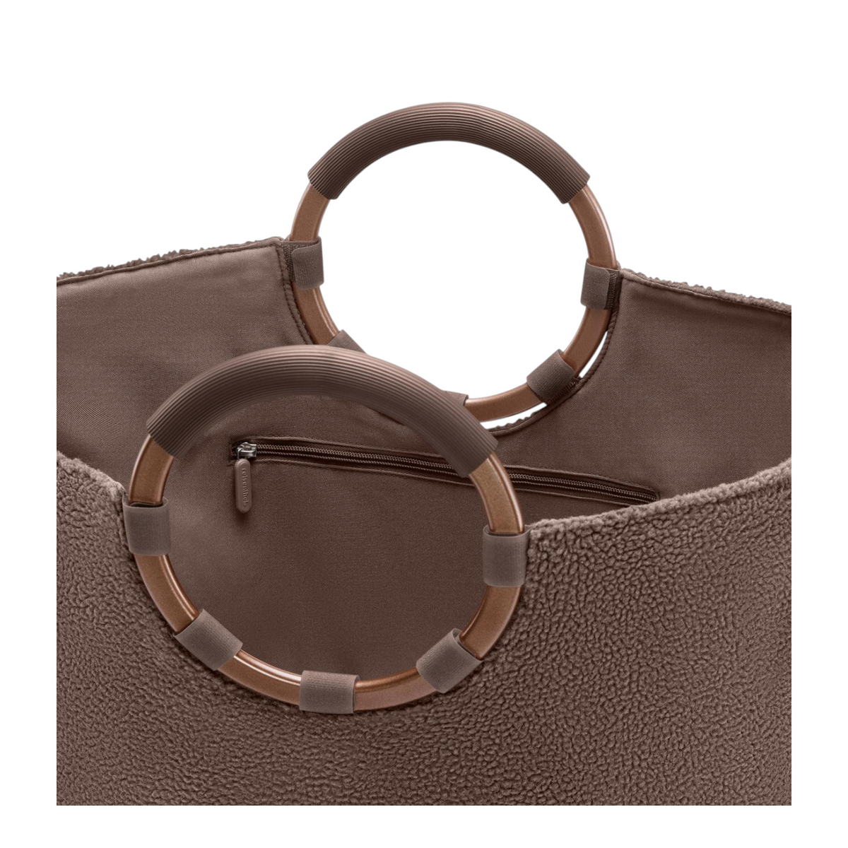 Lieblingstasche Loopbag Hobo in brown teddy fleece with distinctive round metallic handles and interior zip pocket