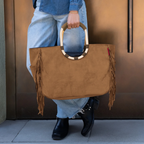 Lieblingstasche Loopshopper L in brown suede with long fringe details and rounded wooden handles