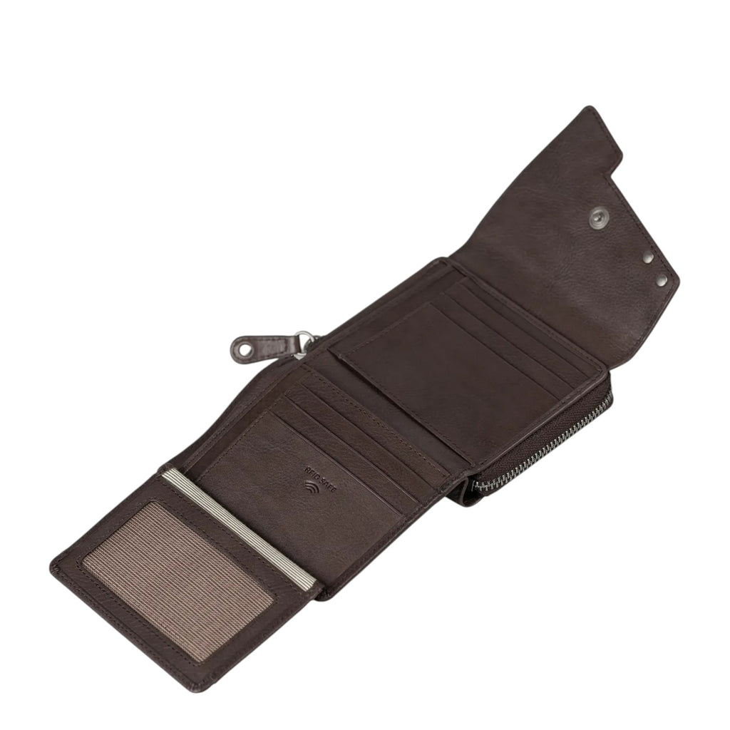 Lieblingstasche Lotta dark brown leather wallet with RFID protection, open view showing card slots and ID window