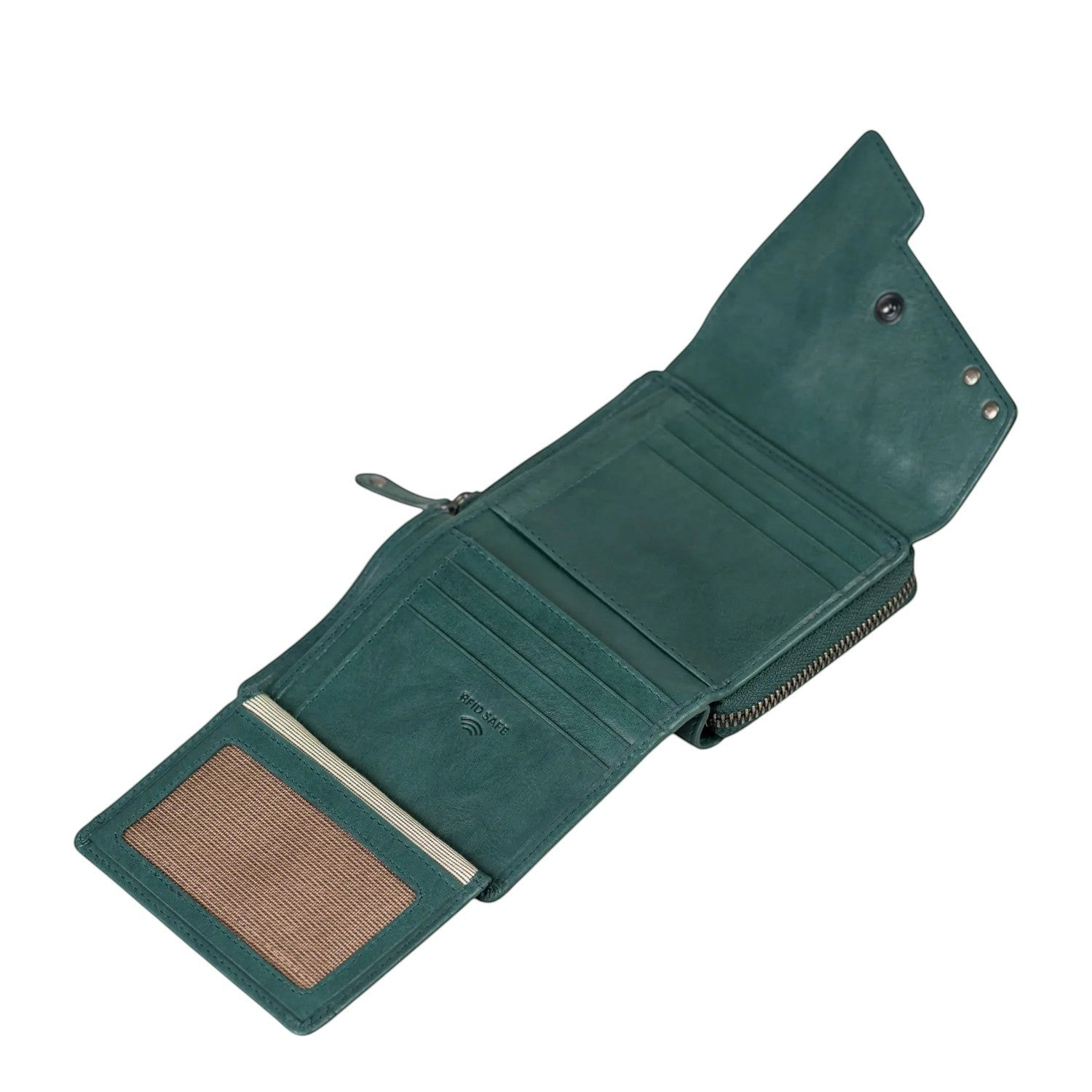 Lieblingstasche Lotta green leather wallet with RFID protection, open view showing card slots and ID window.