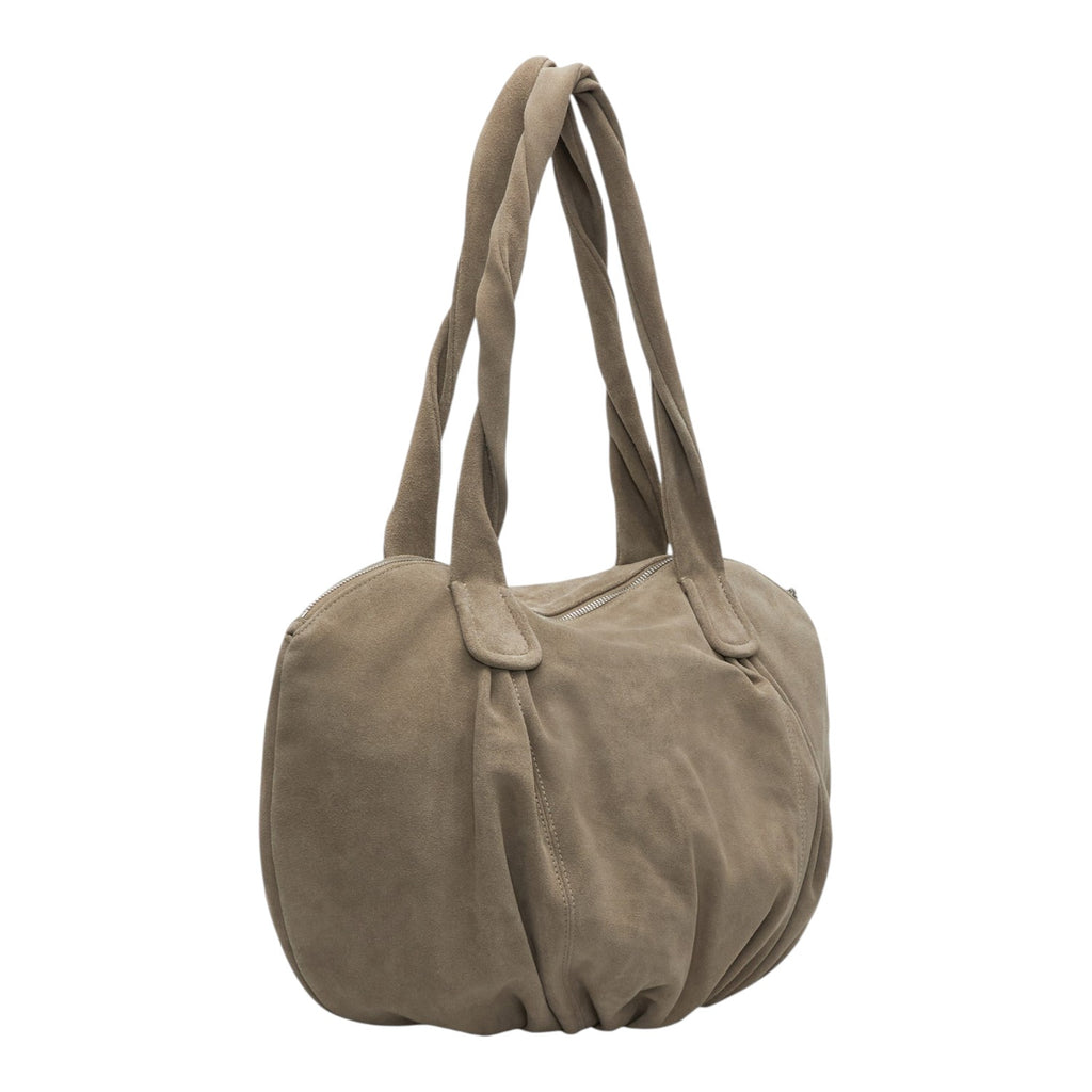 Lieblingstasche Lucy Shopper M in taupe suede leather with braided shoulder straps and a rounded silhouette