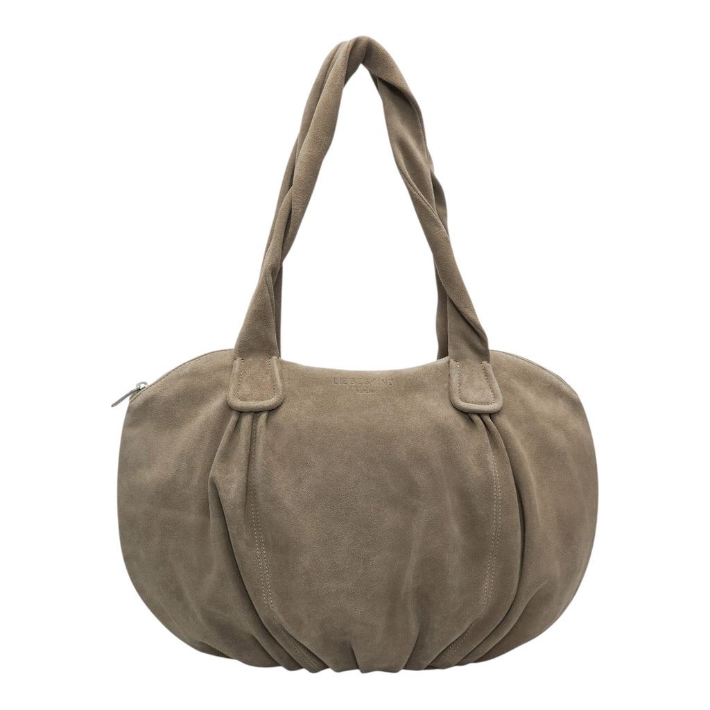 Lieblingstasche Lucy Shopper M in taupe suede with a rounded silhouette and twisted shoulder strap