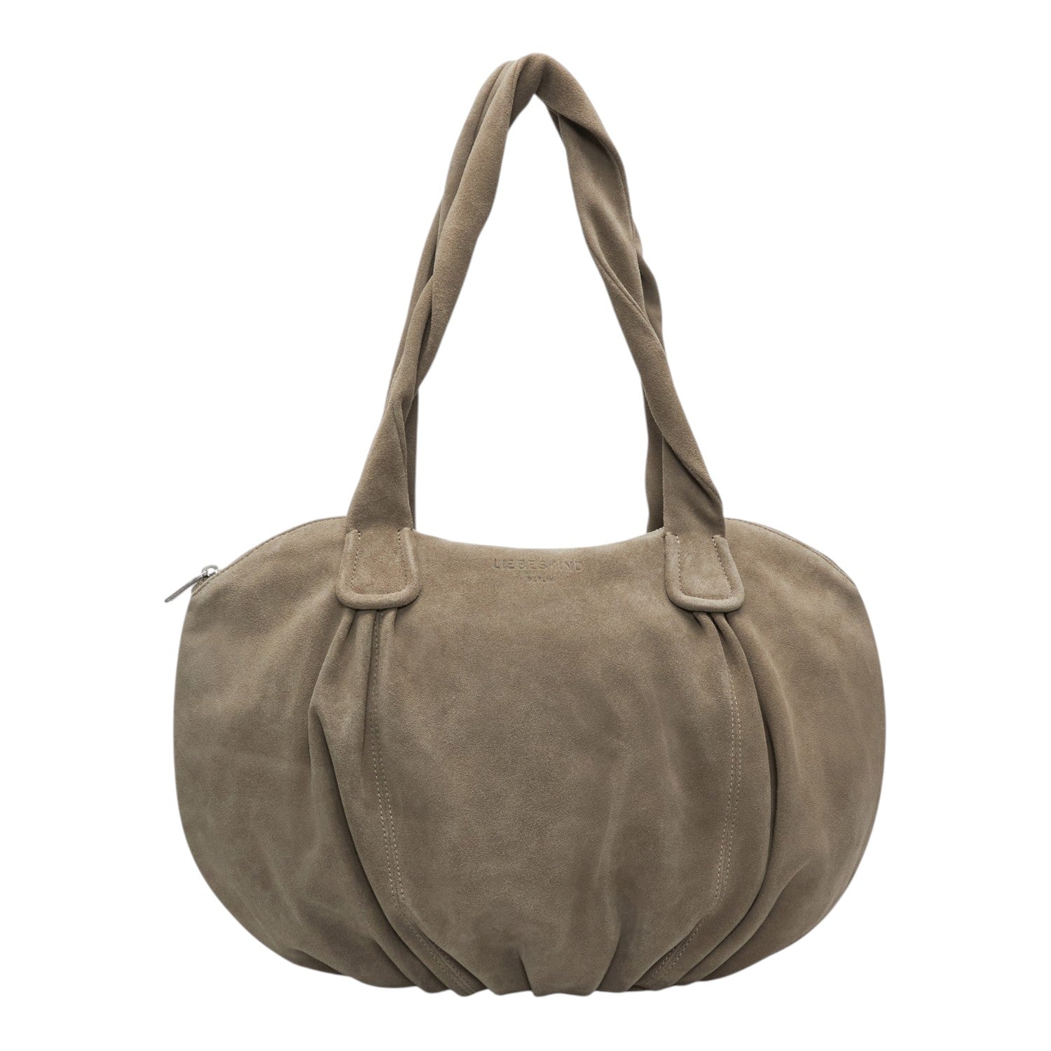 Lieblingstasche Lucy Shopper M in taupe suede with a rounded silhouette and twisted shoulder strap