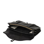 Lieblingstasche Mabel black leather clutch bag with gold zipper and turn-lock closure, open view