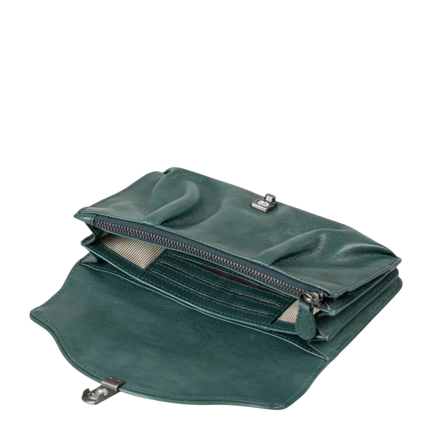 Lieblingstasche Mabel dark green leather wallet with open flap, interior card slots, and zippered compartment