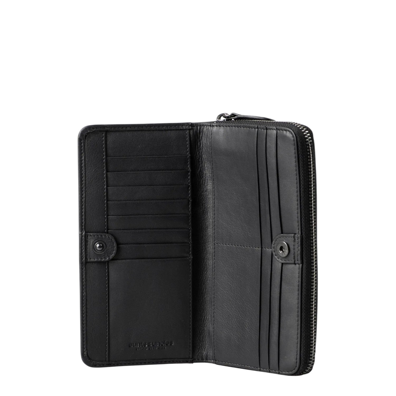 Lieblingstasche Maple black leather wallet open with multiple card slots and a secure snap button closure
