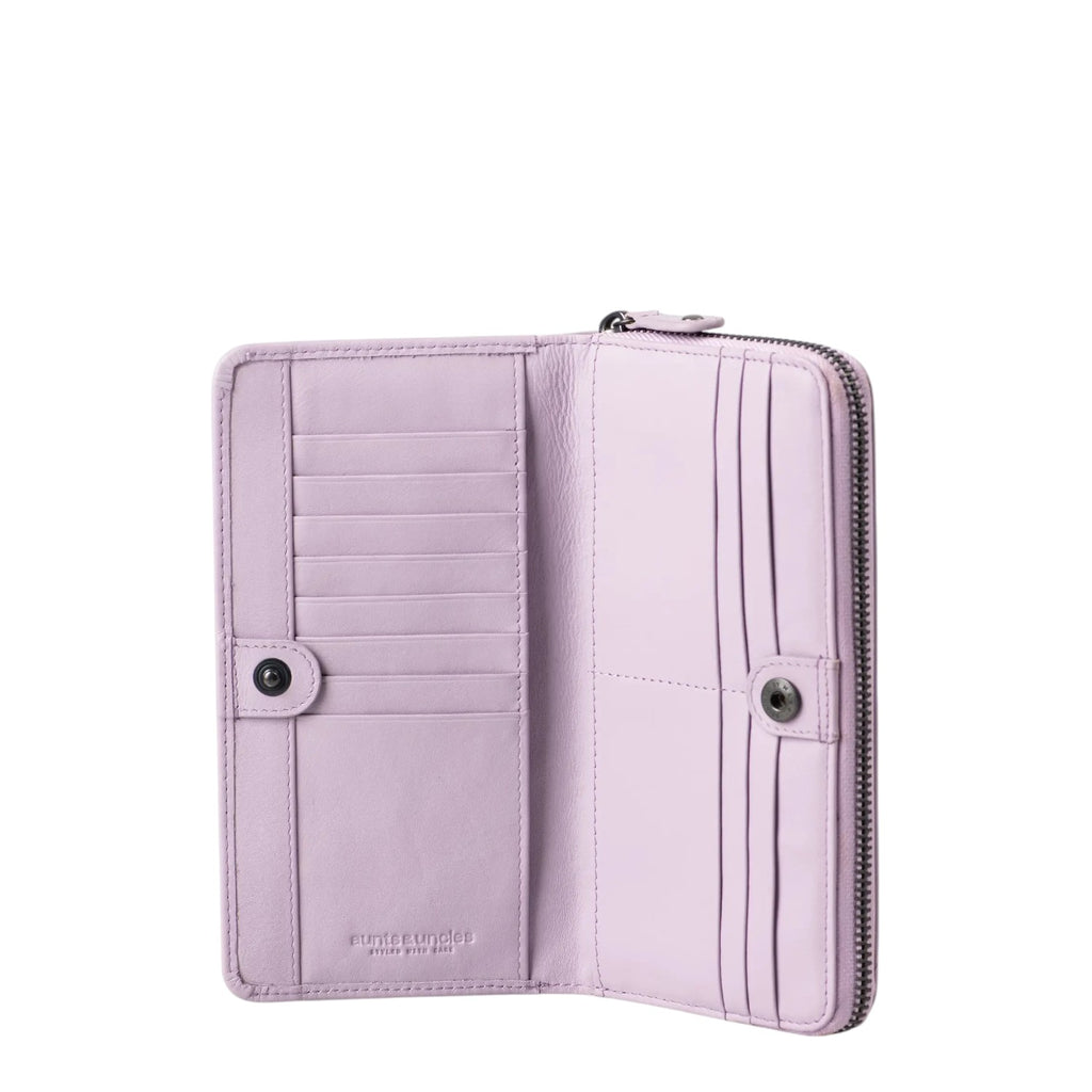 Lieblingstasche Maple lavender leather wallet open with multiple card slots and snap button closure