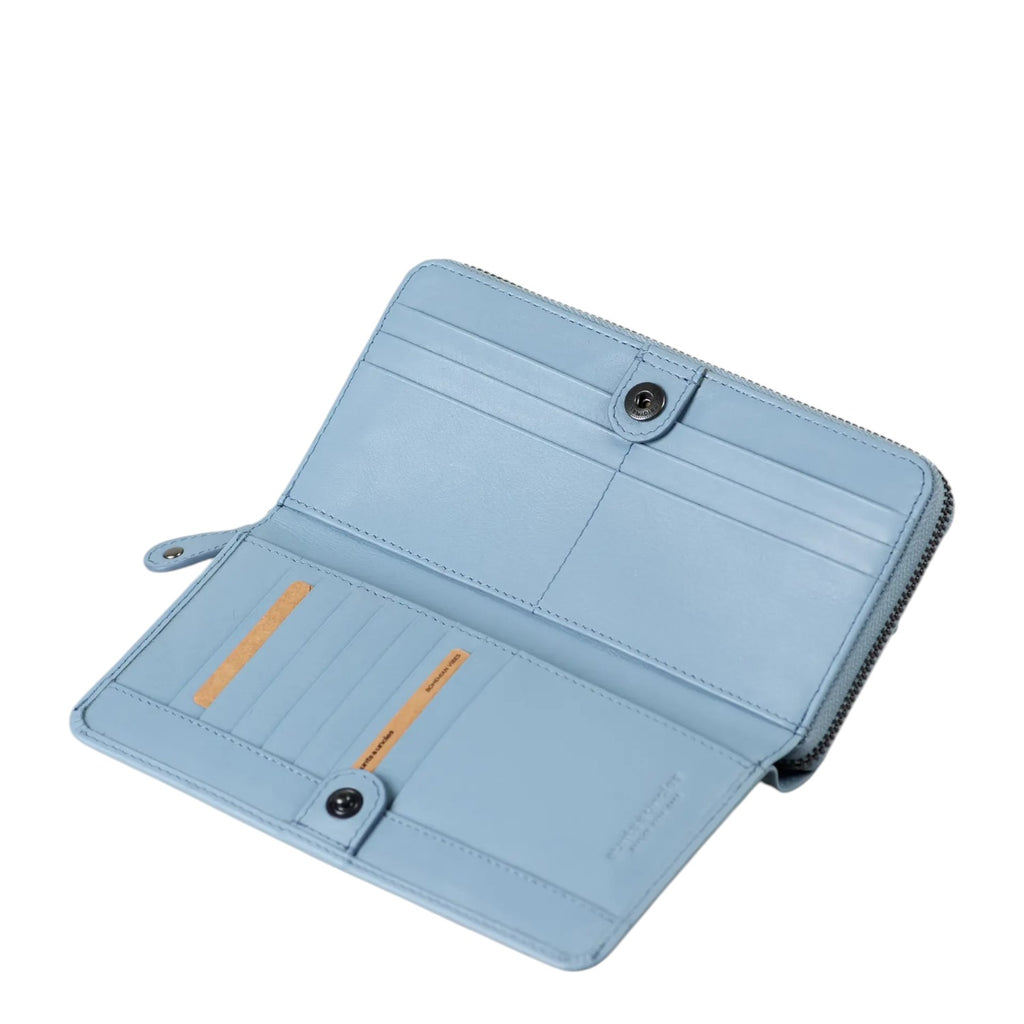 Lieblingstasche Maple light blue leather wallet open with multiple card slots and a snap button closure