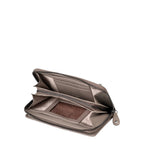 Lieblingstasche Maple taupe leather wallet open with multiple card slots, zip compartments, and a clear ID window.
