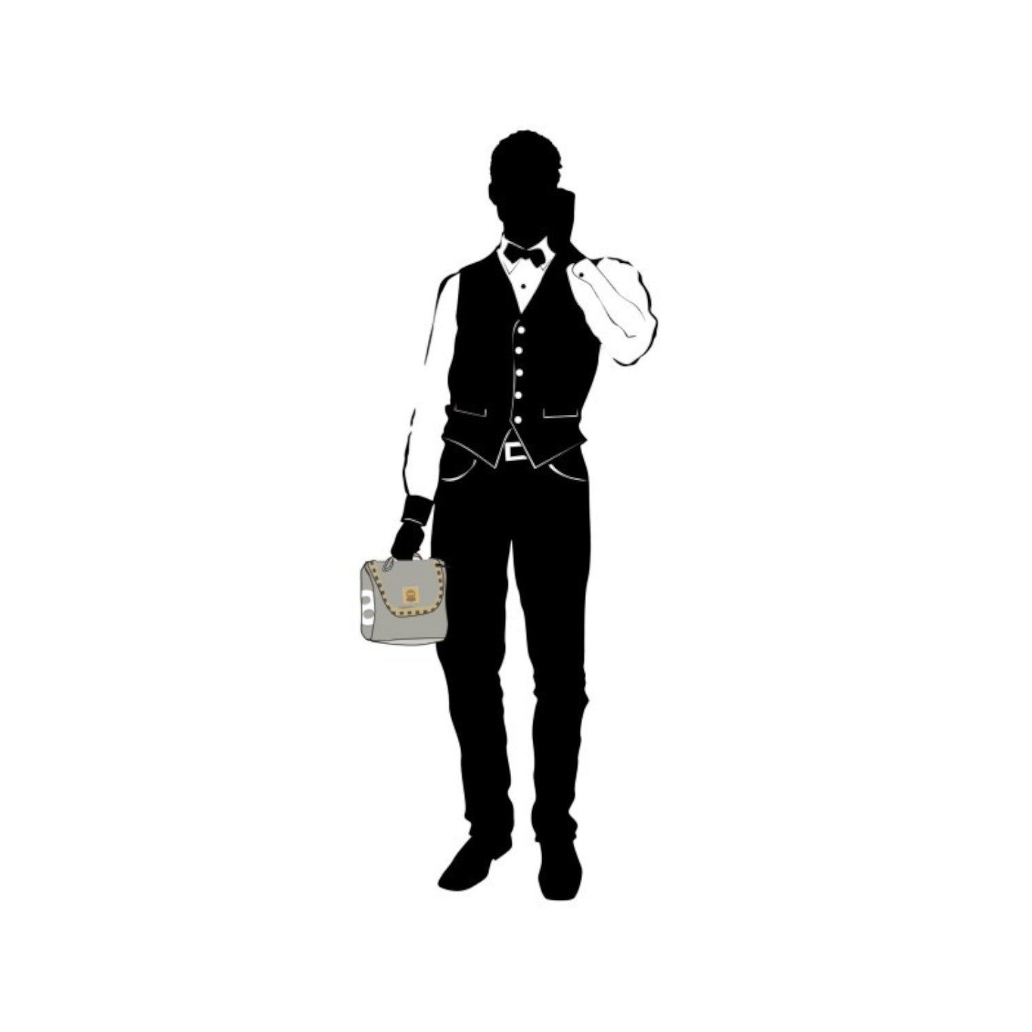 Lieblingstasche Matrose XL grey handbag with gold stud details held by a silhouette of a man in a formal vest