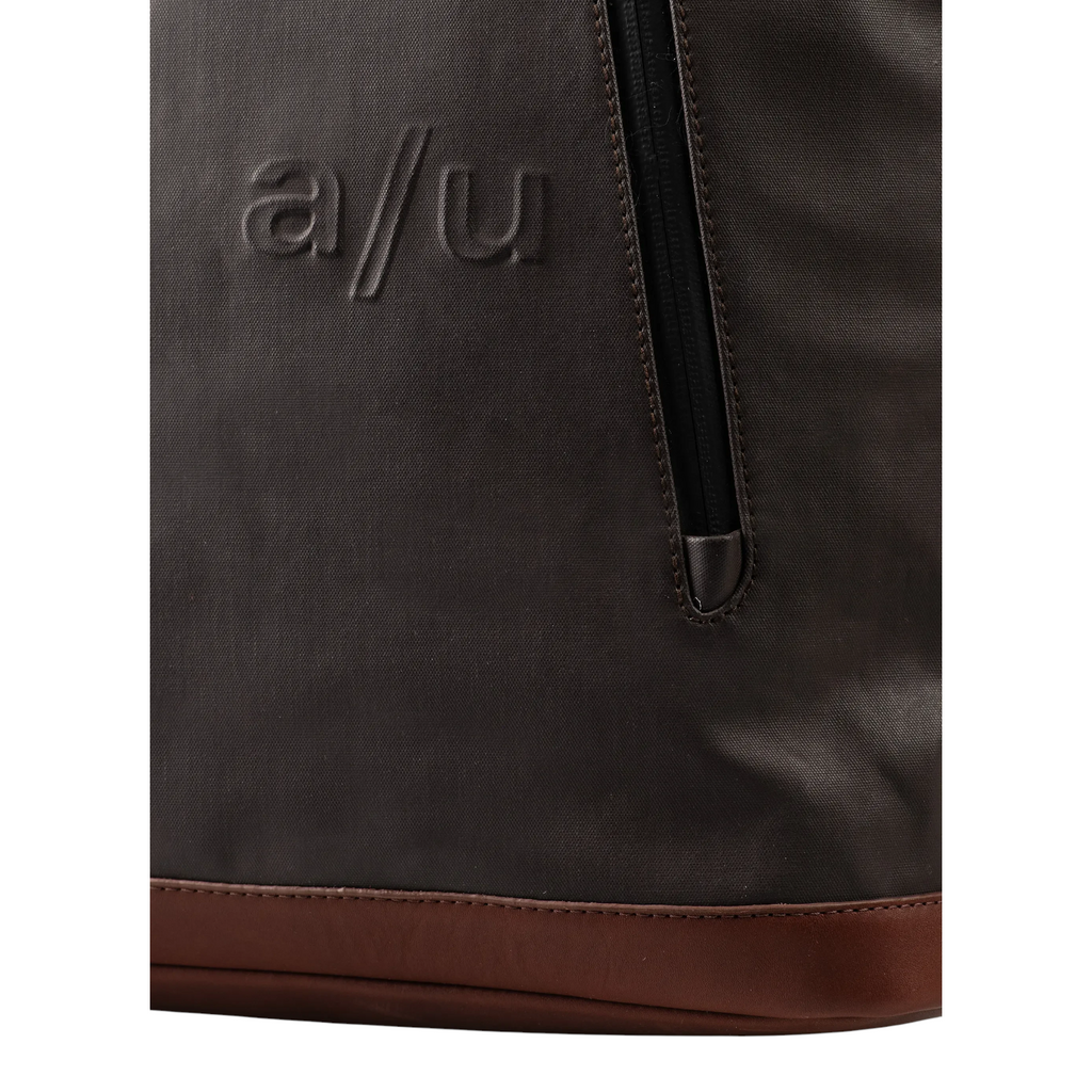 Lieblingstasche Matsuyama dark brown backpack with embossed a/u logo and vertical zippered pocket detail