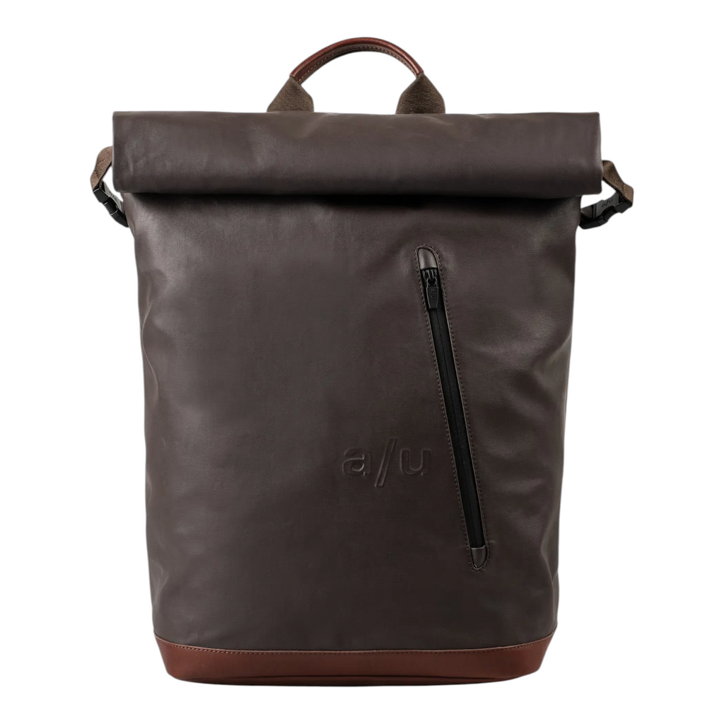 Lieblingstasche Matsuyama dark brown roll-top backpack with a front vertical zipper pocket and leather base detail.
