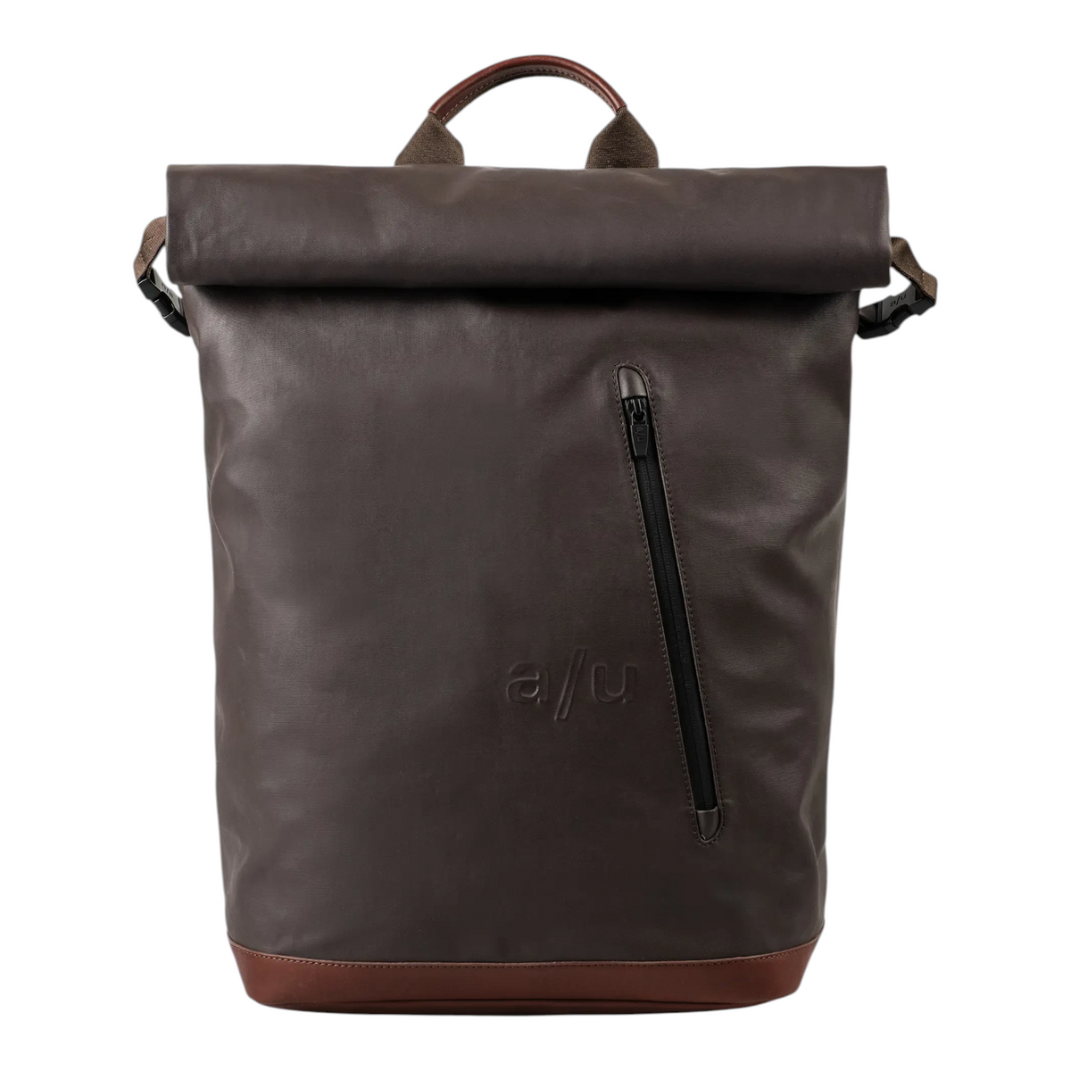 Lieblingstasche Matsuyama dark brown roll-top backpack with a front vertical zipper pocket and leather base detail.