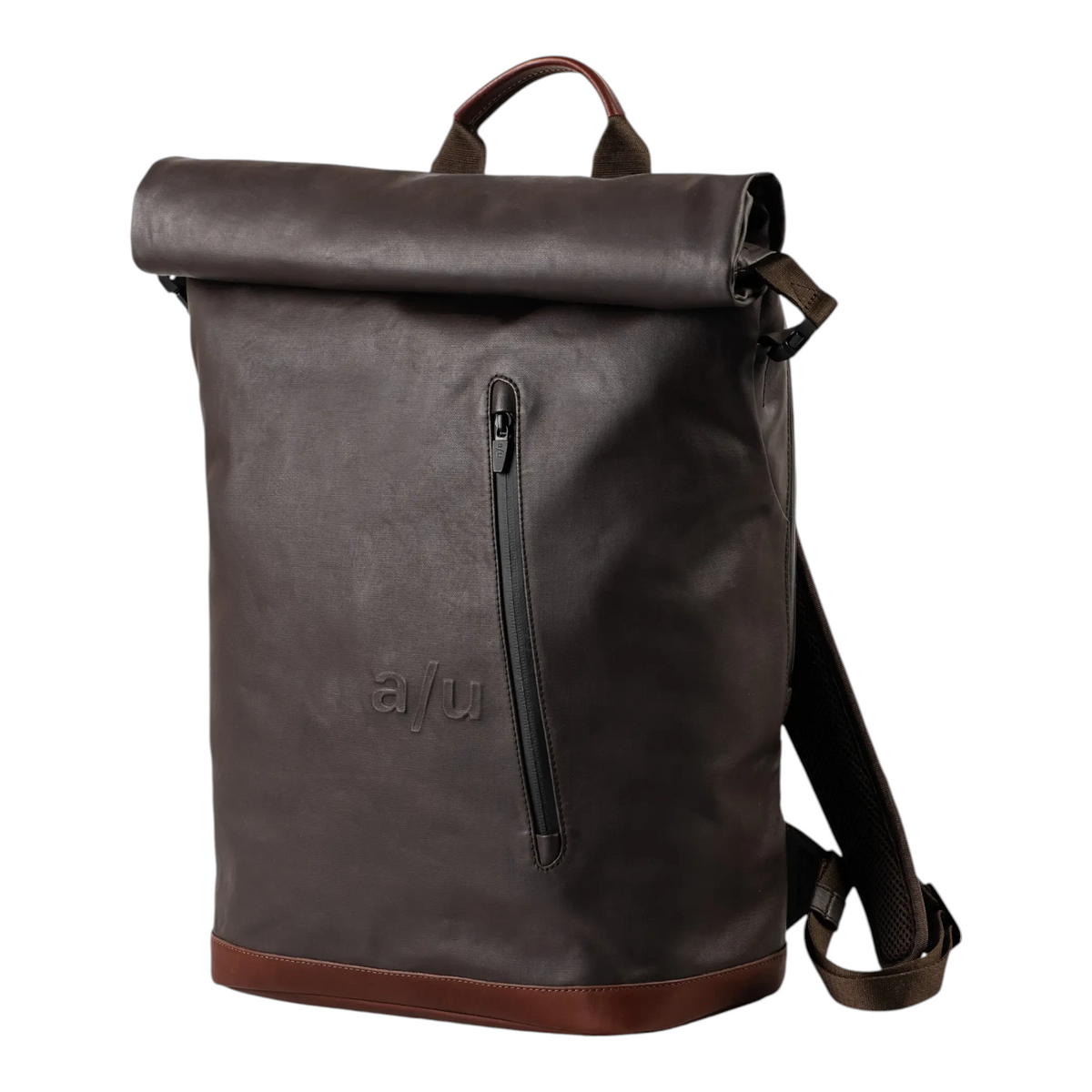 Lieblingstasche Matsuyama dark brown rolltop backpack with a vertical front zipper and leather base