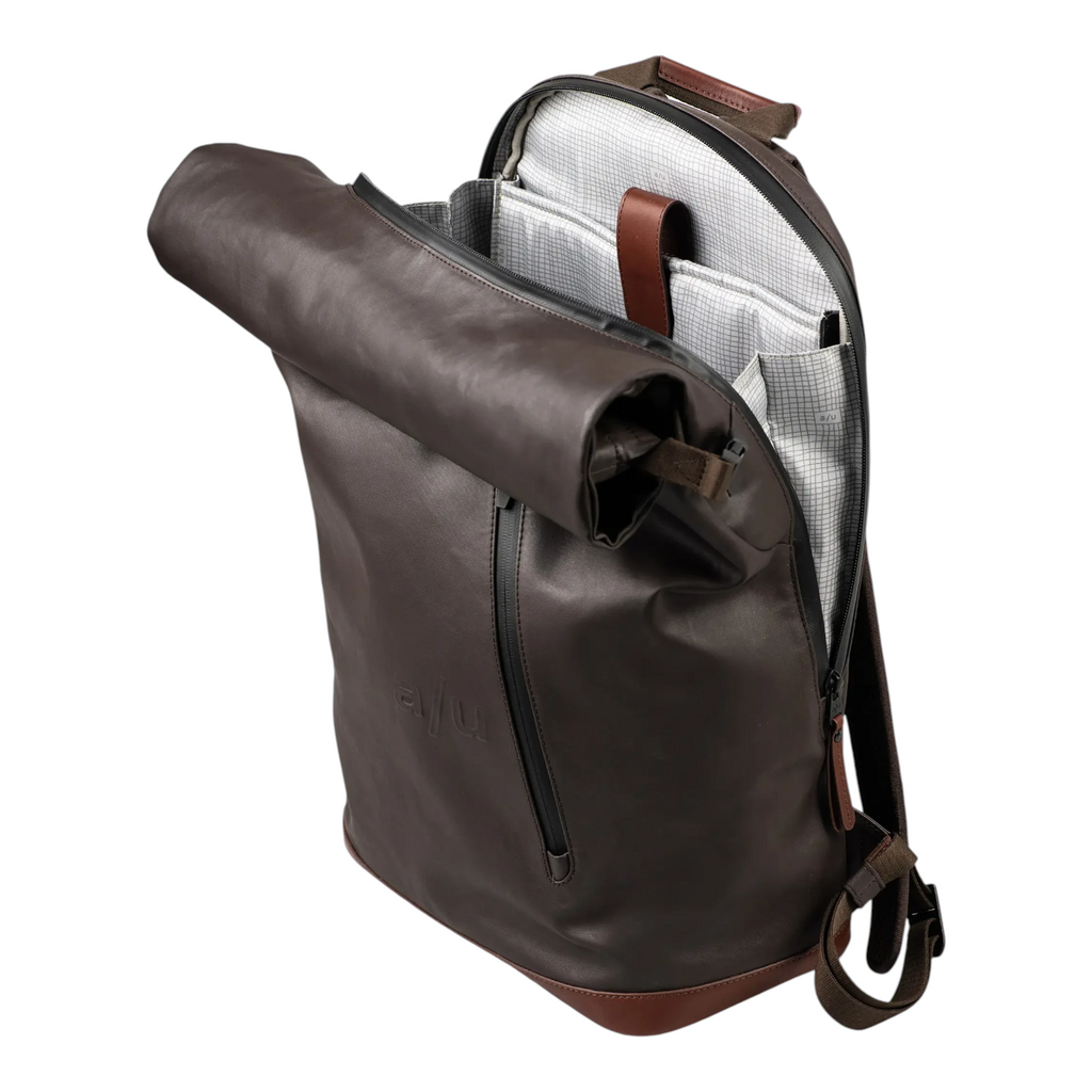 Lieblingstasche Matsuyama dark brown rolltop backpack with a grid-patterned interior lining and leather accents
