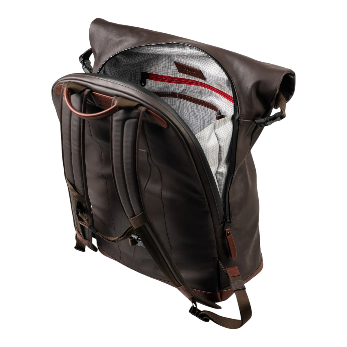 Lieblingstasche Matsuyama dark brown rolltop backpack with padded straps and interior grid pattern lining
