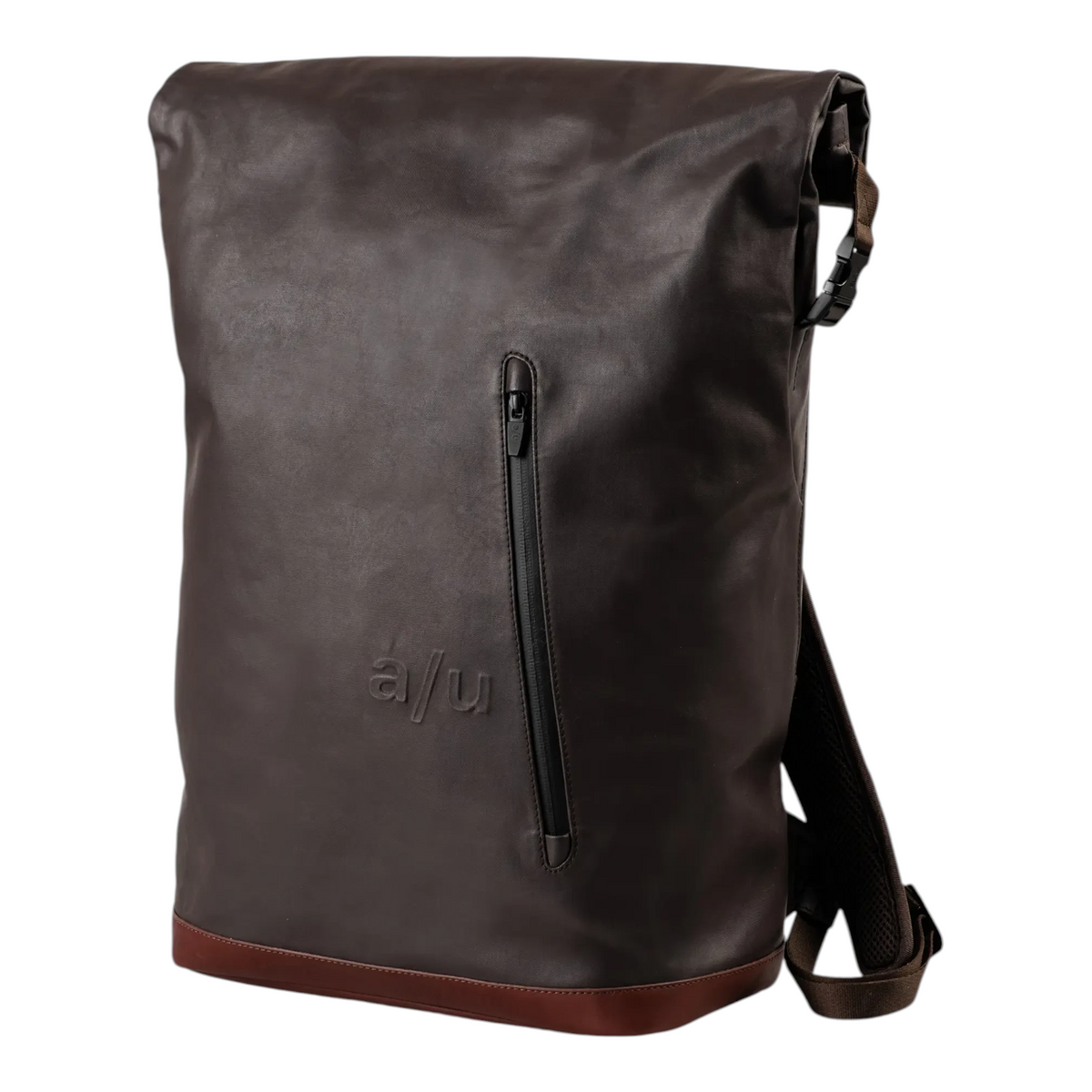 Lieblingstasche Matsuyama dark brown rolltop backpack with a front zipper pocket and embossed logo