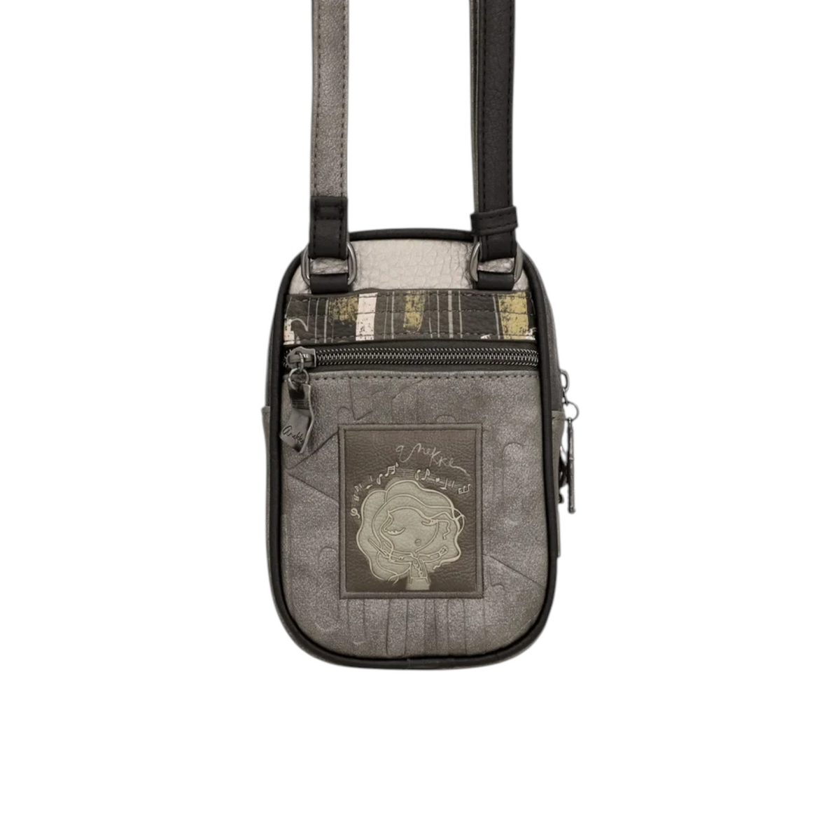 Lieblingstasche mini cross-body bag in metallic grey with a whimsical girl illustration and patterned top trim.