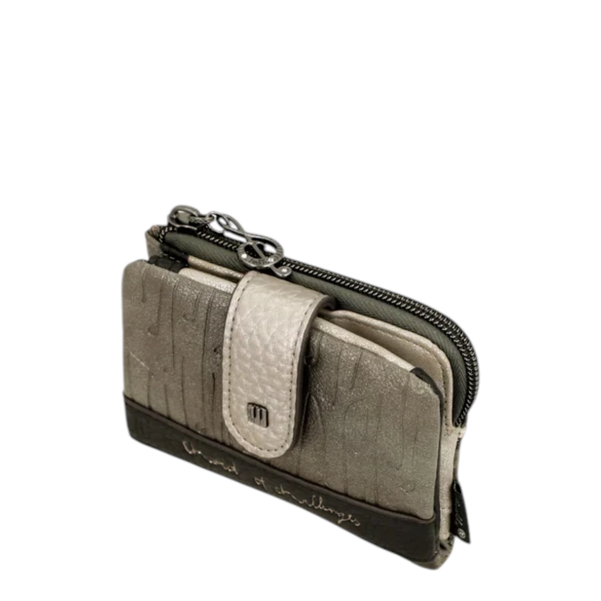 Lieblingstasche wallet in metallic grey and dark brown with a textured finish, snap button closure, and zip pocket.