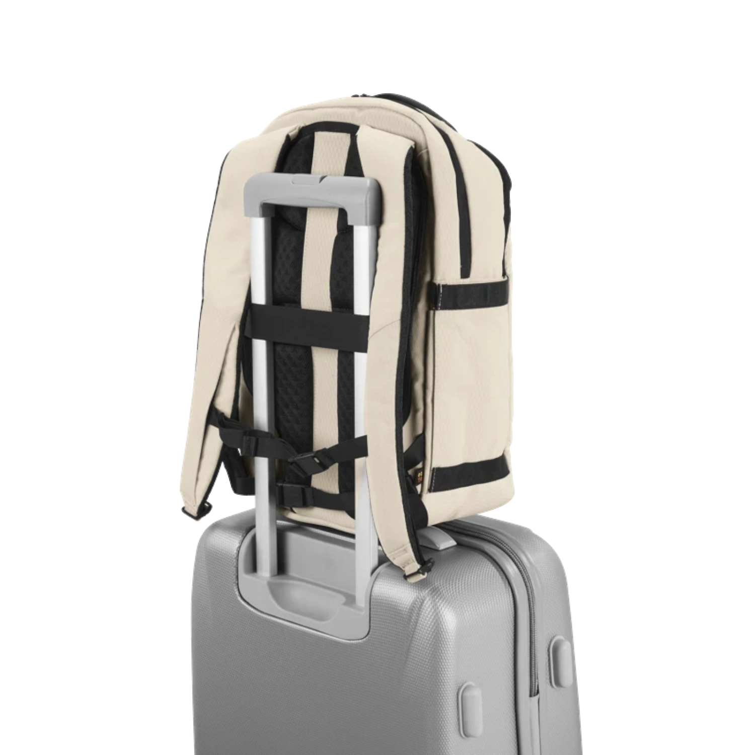 Lieblingstasche eoto Midi20 beige city backpack with trolley sleeve attached to a silver suitcase handle