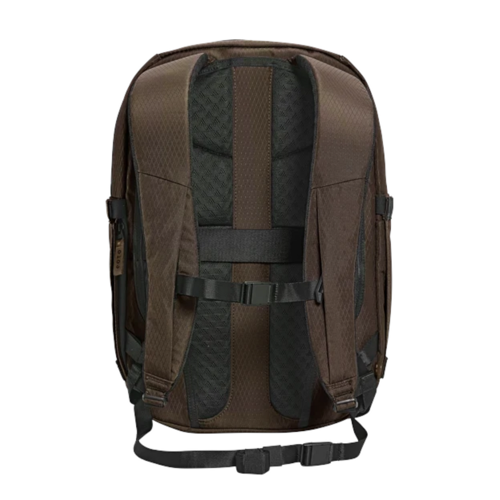 Lieblingstasche eoto Midi20 brown city backpack showing padded shoulder straps and breathable back panel
