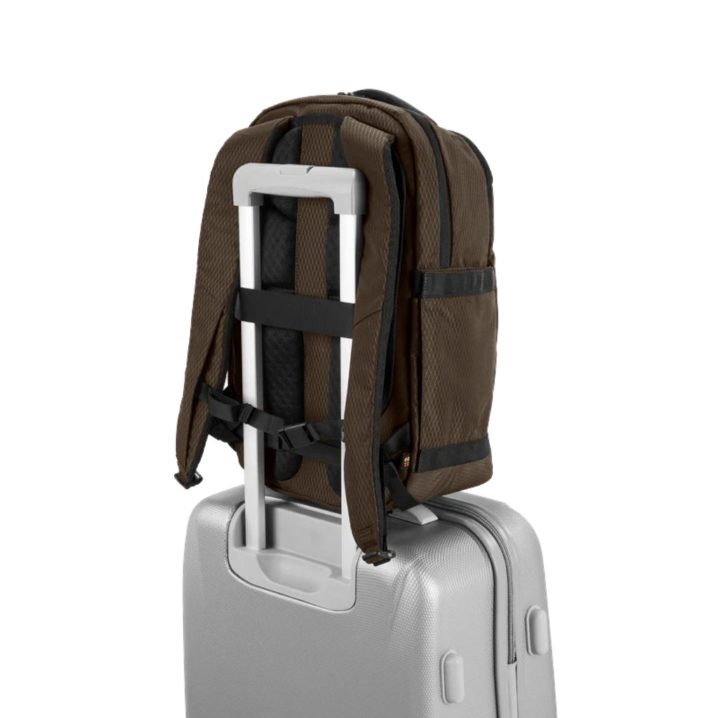 Lieblingstasche eoto Midi20 brown backpack attached to a silver suitcase handle, showing padded back and straps.