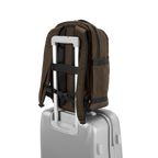Lieblingstasche eoto Midi20 brown backpack attached to a silver suitcase handle, showing padded back and straps.