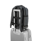 Lieblingstasche Midi20 grey backpack with luggage trolley strap attached to a silver suitcase for travel