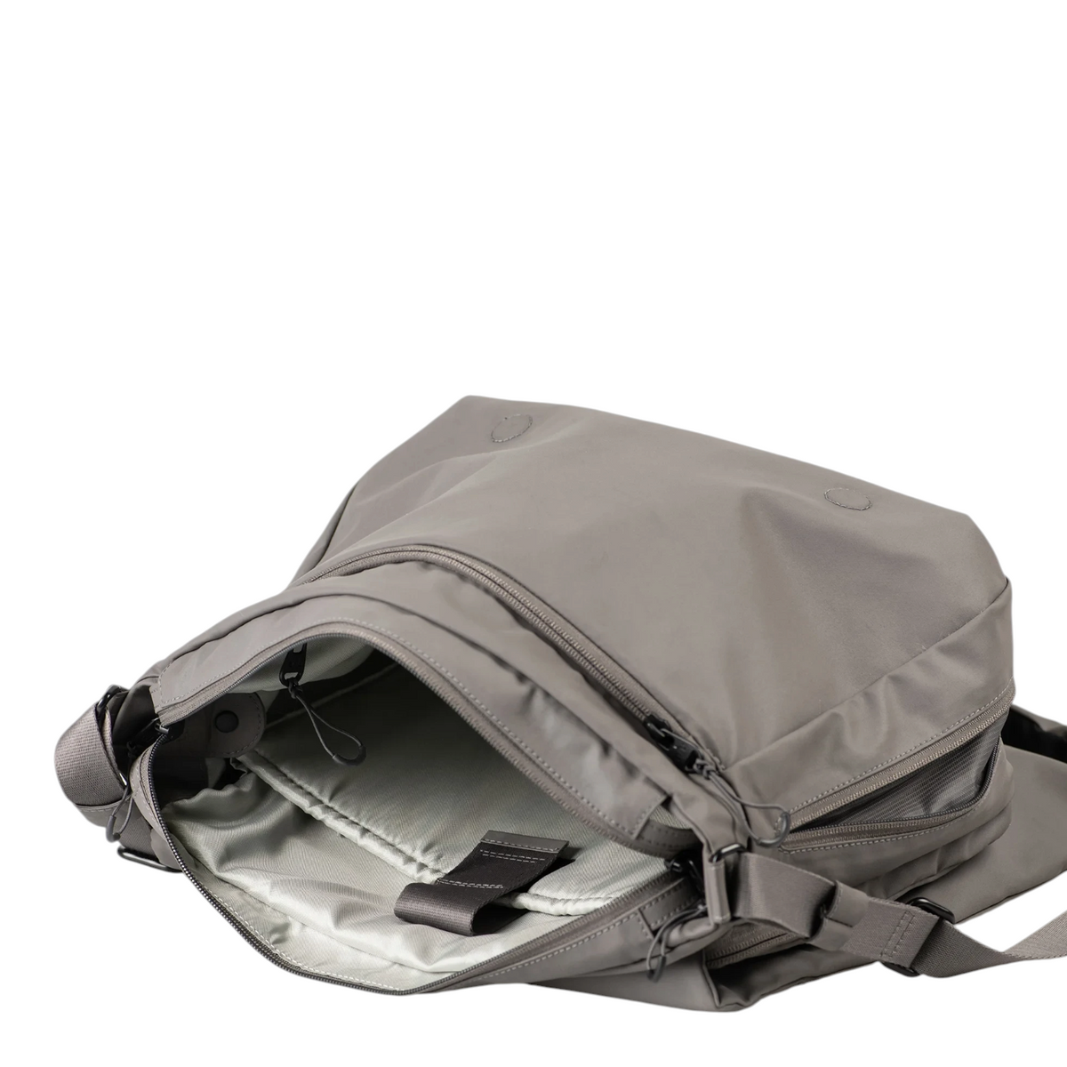 Lieblingstasche Midori RE lite grey crossbody bag with open zippered main compartment and internal laptop sleeve