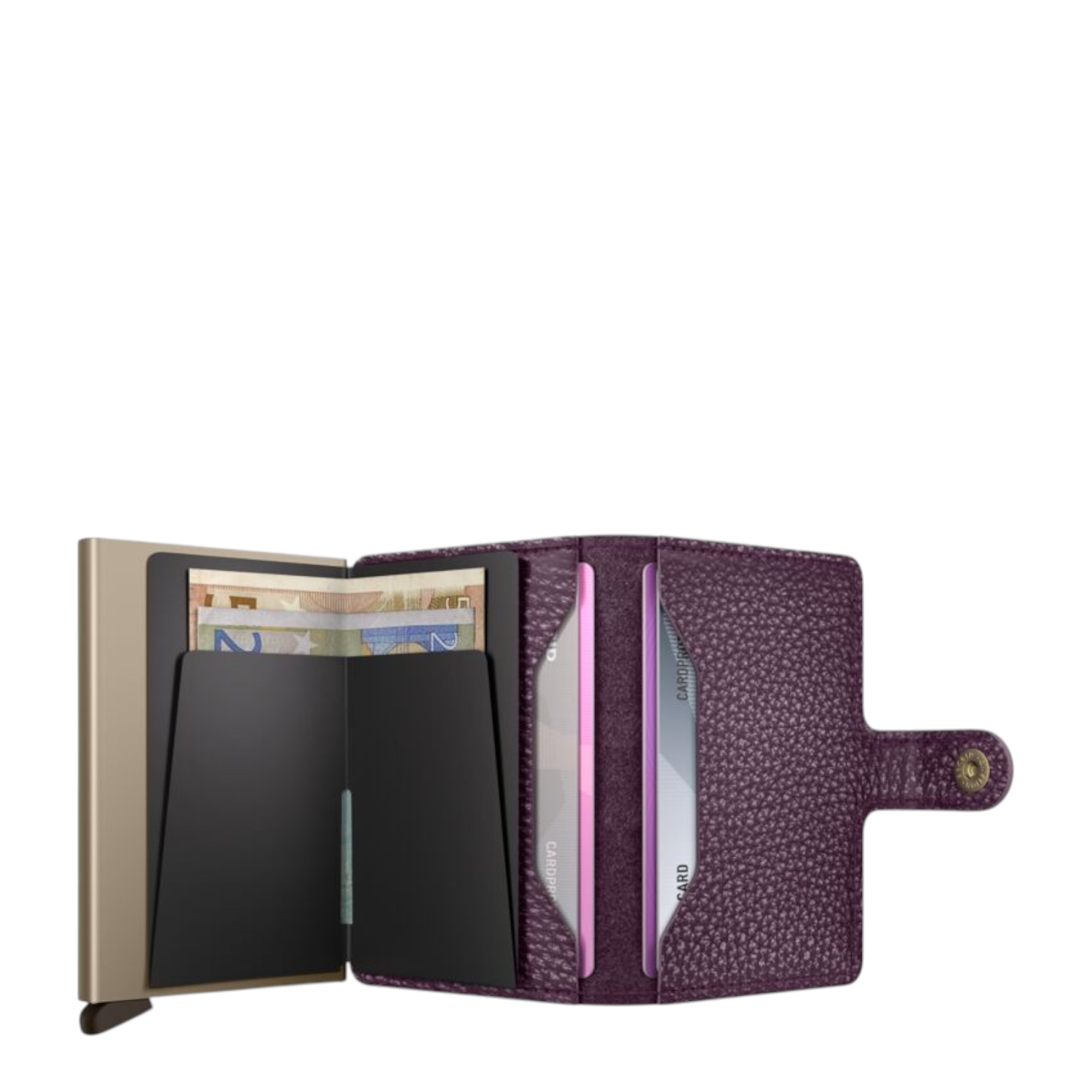 Lieblingstasche Miniwallet Pebble in purple textured leather with a metallic card holder and snap button closure.