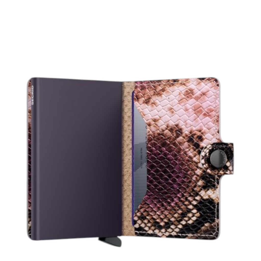 Lieblingstasche Miniwallet Serpent featuring a purple metal card case and pink and brown snakeskin textured leather