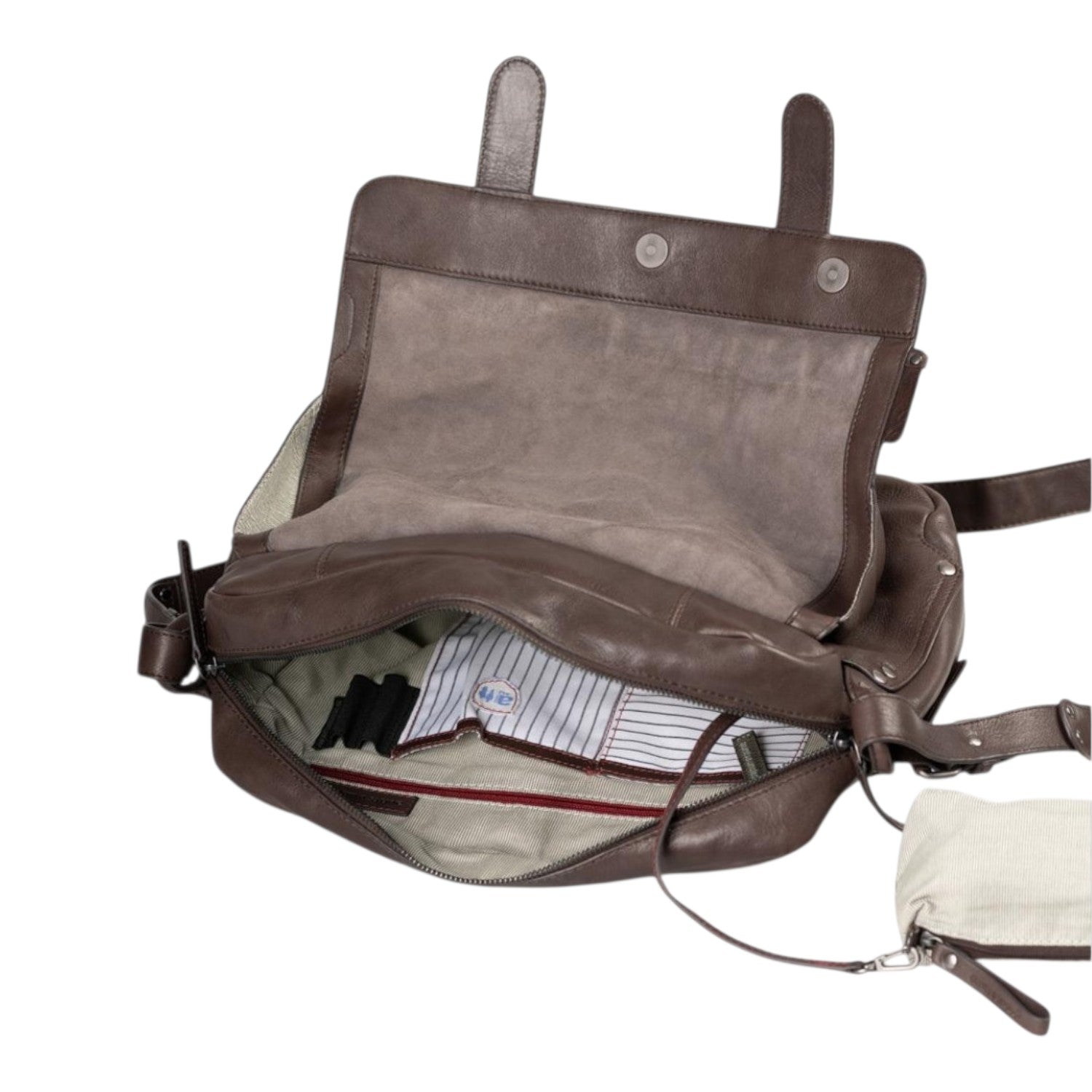 Lieblingstasche Miss Applepie brown leather shoulder bag with open flap and striped interior lining