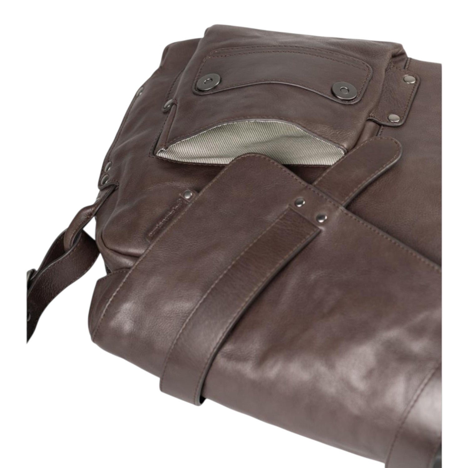 Lieblingstasche Miss Applepie dark brown leather bag with a front pocket and striped lining detail