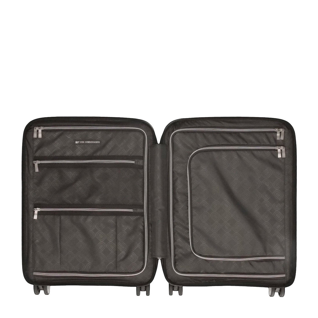 Lieblingstasche Mogens 4W Cabin Trolley S, black, open interior with multiple zippered compartments and elastic straps.