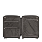 Lieblingstasche Mogens 4W Cabin Trolley S, black, open interior with multiple zippered compartments and elastic straps.