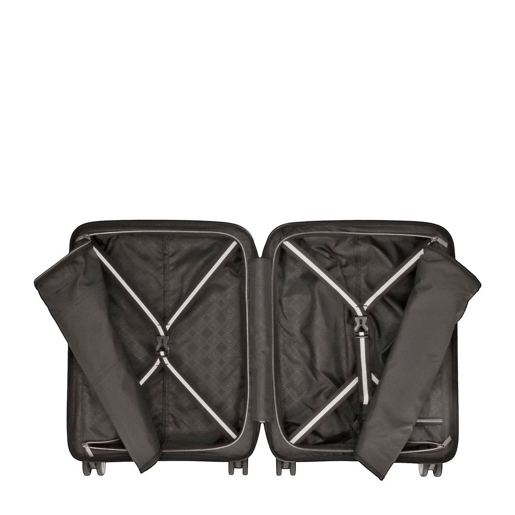 Lieblingstasche Mogens 4W Cabin Trolley S, open black suitcase with interior straps and zippered compartments.