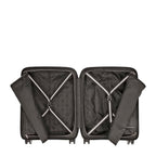 Lieblingstasche Mogens 4W Cabin Trolley S, open black suitcase with interior straps and zippered compartments.