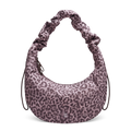 Lieblingstasche Moon Bag Ruffle in large size with a grey and purple leopard print pattern and gathered shoulder strap